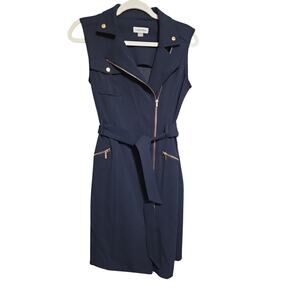 Calvin Klein Navy Sleeveless Zip Front Belted Dress Gold Hardware Size 6P Petite